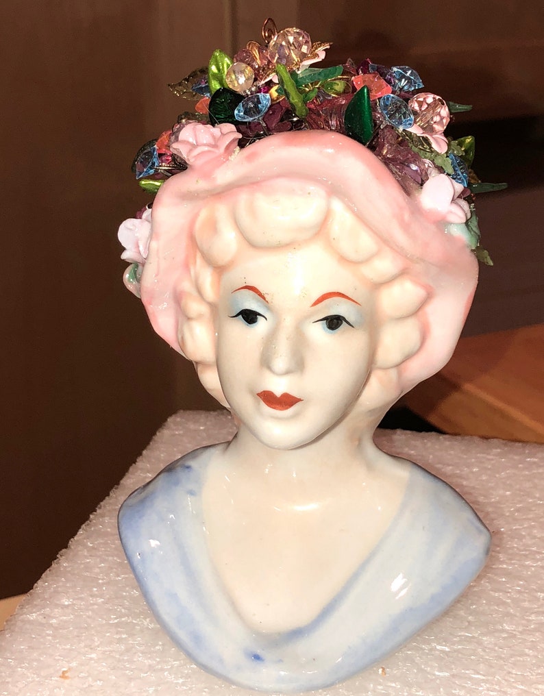 Fiona: Exquisite Vtg 5 12 Tall Mint! wflowers Rare Hand Painted Bisque Porcelain 1950/'s LADY HEAD VASE w35 Handmade FlowersLeaves