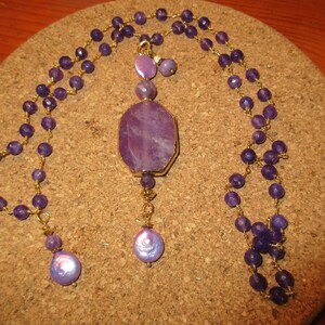 Mega Elegant AAA Quality Faceted AMETHYST Rosary Chain w/Luxe Marbled Amethyst PENDANT, Baroque Amethyst Coin Pearls & 24K Gold Plate Sides