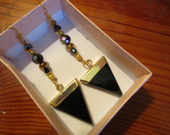 All Elegance: Jet BLACK ONYX & 24k Gold Electroplated Triangle Dangle/Drop Pierced Earrings w/AB Swarovski Black Crystals and Vermeil