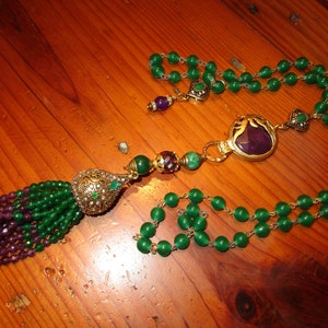 Lavish Green JADE Rosary Chain w/Pendants: Purple & Tibetan Jade and Crystal, Huge Bronze/Rhinestone Embossed Bead Cap/Jade TASSEL Necklace