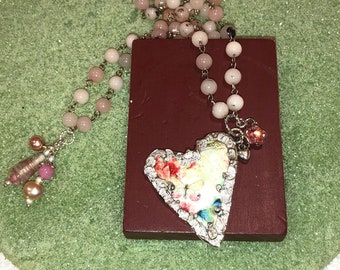 Lovely STERLING Soldered HEART Pendant on Rose Quartz Rosary Chain w/Sterling Heart, Swarovski Crystals, Lamp Work Beads & Pearl CHARMS