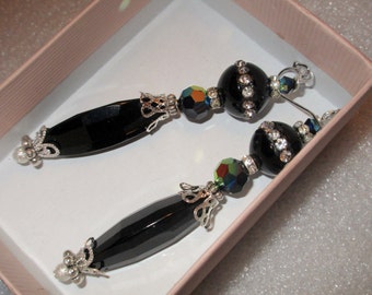 Showstoppers: Faceted JET BLACK ONYX Teardrops w/Onyx Rhinestone Bead, Swarovski Crystals & Sterling Silver Dangle/Drop Pierced Earrings