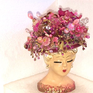 IRIS: Splendid Occupied Japan 1940's Pink/Scarlet/Gold LADY Head w/An Over 70 Hand Made Flower BOUQUET & Hand-Set Swarovski Rhinestones