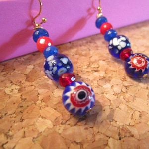 Blues and Reds: Lovely MILLEFIORI, LAMPWORK & MURANO Hand-Blown Italian Venetian Glass Vintage Dangle/Drop Pierced Earrings