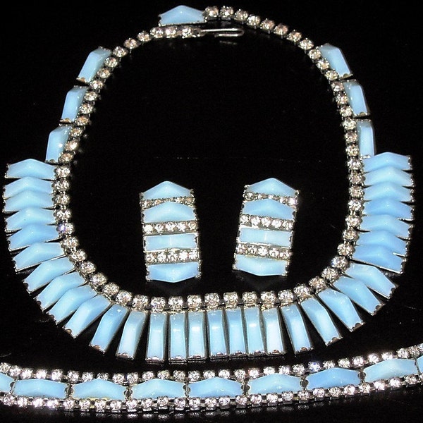 A Triumph: KRAMER Signed Baby Blue LUCITE & Sparkling Ice Rhinestone Vintage Necklace, Bracelet, Earring Demi Parure - Treasury Item