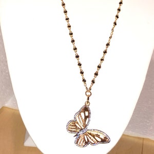 Grand Black Crystal Set in GOLD VERMEIL Rosary Chain w/Lovely Brushed Gold BUTTERFLY Pendant w/Black & Silver Micro Pave Cz's image 8