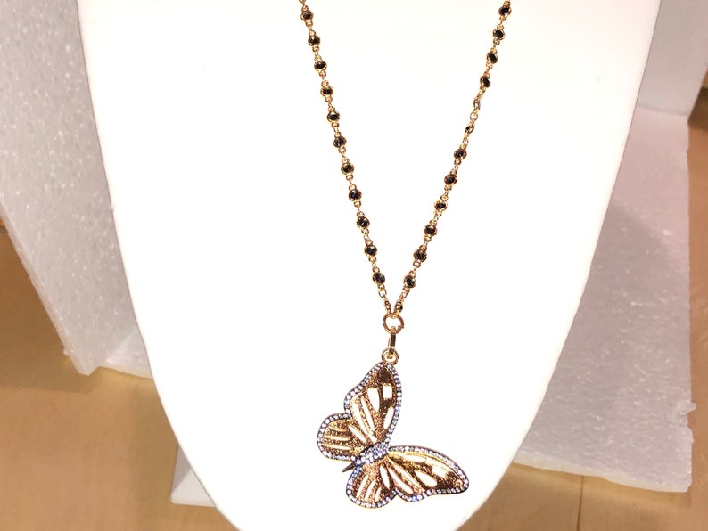 Grand Black Crystal Set in GOLD VERMEIL Rosary Chain w/Lovely Brushed Gold BUTTERFLY Pendant w/Black & Silver Micro Pave Cz's image 8