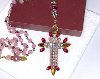 Magnificent CZECH Handmade Glass & Crystal CROSS on Pink Opalite Rosary Chain w/Swarovski Pearls and Crystals Necklace -- Extremely Rare!