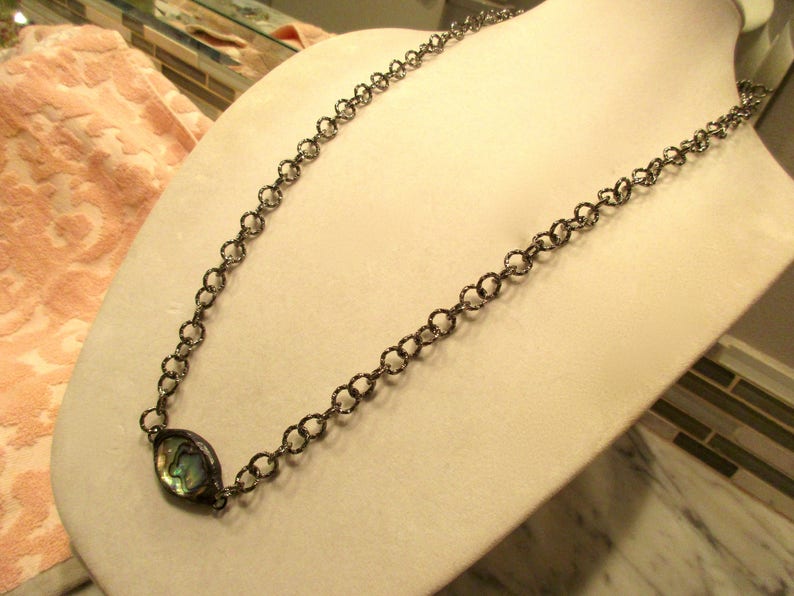 Sparkling Gunmetal Curb Chain Necklace wBreathtaking Luxurious Diamond-Cut OOAK Mother of PearlABALONE Hand-Soldered Pendant Chunky