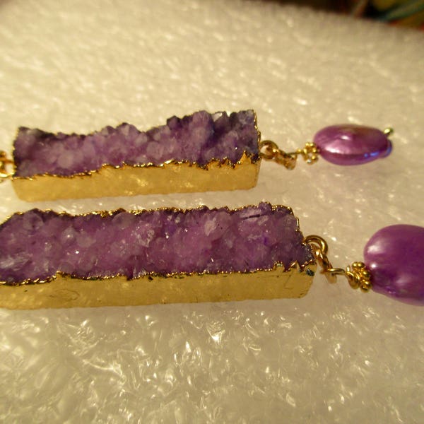 Majestic AMETHYST Druzy BARS w/Thick 24K Gold Electroplating & Stupendous BAROQUE Purple Coin Pearl Pierced Earrings