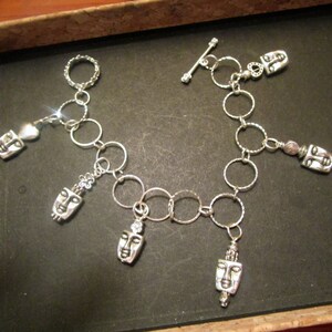 STERLING Silver, Silver Plate & Fine Pewter Artisan Handmade 7 3/4&quot; Link Charm Bracelet w/6 Charms and 2-Sided Faces