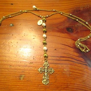 Lovely Vintage Ornate Bronze CRUCIFIX/Cross on Vintage Seed PEARL and Pearl w/Etched Brass Rosary Chain w/Miraculous Mary Medal Necklace