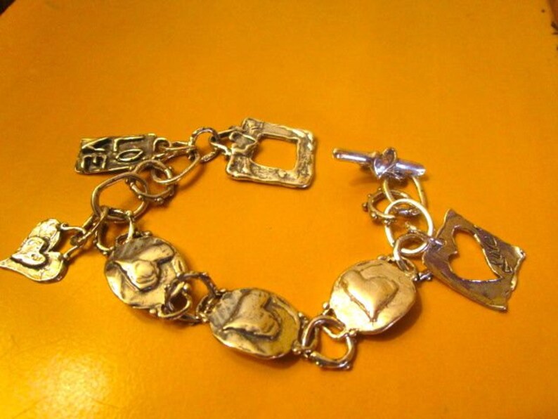 3-Heart Focal Plaque Majestic All Embossed STERLING Silver Artisan 3-HEART Dangle Charms Heart Toggle Clasp OOAK Charm Bracelet