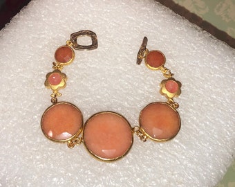 Super 24K Gold Plate, 7-Link, Genuine CARNELIAN Bracelet w/Artisan Bronze/Gold Toggle Clasp