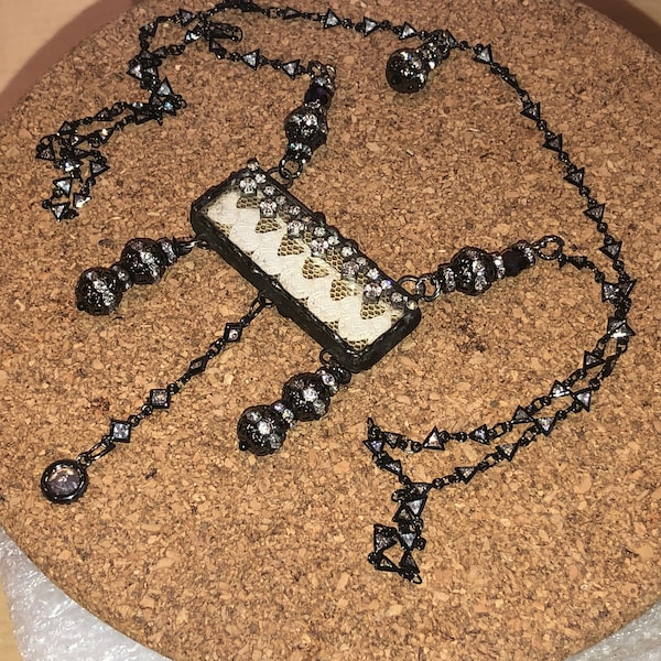 Majestic Hand-Soldered LACE Pendant w/Lavish Rhinestone Accents on Gunmetal/Crystal Rosary Chain: Pave Charm, Swarovski Accents