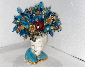 LYLA: Divine Vtg. Handpainted Porcelain Occ. Japan TURQUOISE/GOLD Lady Head Vase - High Relief Flower, Hand Set Crystals, > 80 Flower/Leaves