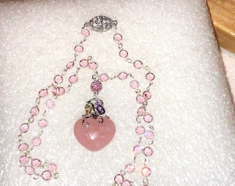 Thick HEART-Shaped ROSE QUARTZ Pendant w/Genuine Peridot, Citrine, Amethyst, Ruby Stones on Pink Bezel Rosary Chain w/Micro Pave Clasp