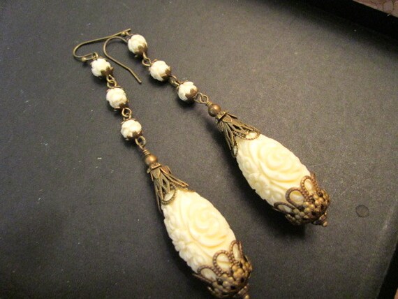 Bridal Beauty: Carved Glass Coral TEARDROP Dangle… - image 1