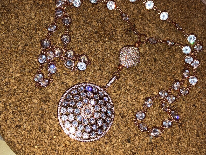 Spectacular ROSE GOLD Micro Pave Domed Pendant /& Large Cz Bead on Long Rose Gold Micro Pave Rosary Chain Sautoir wAB Bezel Set Cz Rounds