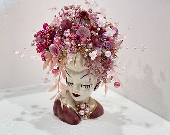 GIGI: A Soothing, Superb Pink/Mauve/Gold 1940's JAPAN Lady Head Vase w/>200 Flowers, Garlands, Swarovski Crystals in MINT Condition