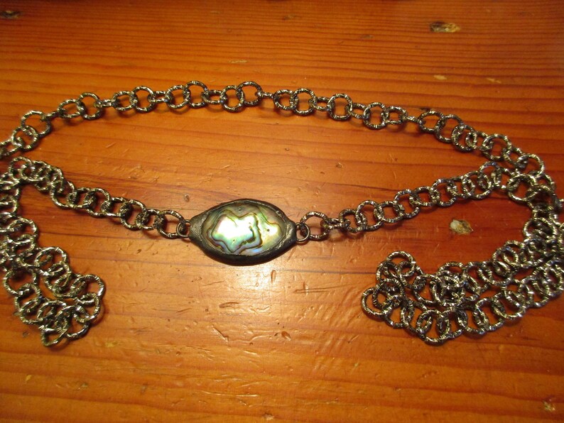 Sparkling Gunmetal Curb Chain Necklace wBreathtaking Luxurious Diamond-Cut OOAK Mother of PearlABALONE Hand-Soldered Pendant Chunky