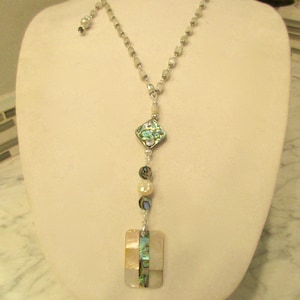 So Lovely OOAK Genuine Mother of Pearl, ABALONE, Sterling Pendant on Mother of Pearl & STERLING Rosary Chain w/Pearl and Rhinestone Dangle