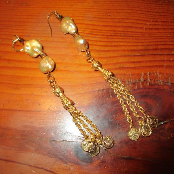 Enchanting 4 1/2" Long Double GOLD BAROQUE PEARL, Swarovski Crystals & 22K Gold Plate Turkish Tassel/Coin Pierced Earrings