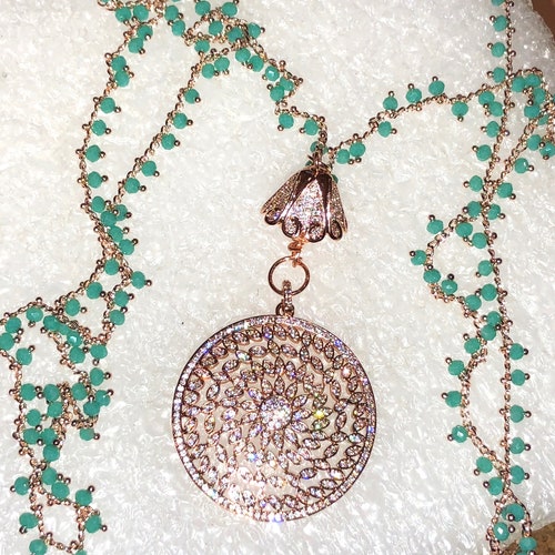 Spellbinding Deco Large Filigree ROSE GOLD Micro Pave Pendant on Turquoise CHALCEDONY/Rose Gold Long shops Sautoir Necklace w/Micro Pave Bead Cap