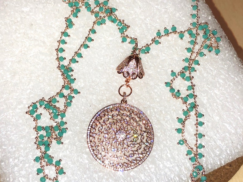 Spellbinding Deco Large Filigree ROSE GOLD Micro Pave Pendant on Turquoise CHALCEDONY/Rose Gold Long shops Sautoir Necklace w/Micro Pave Bead Cap