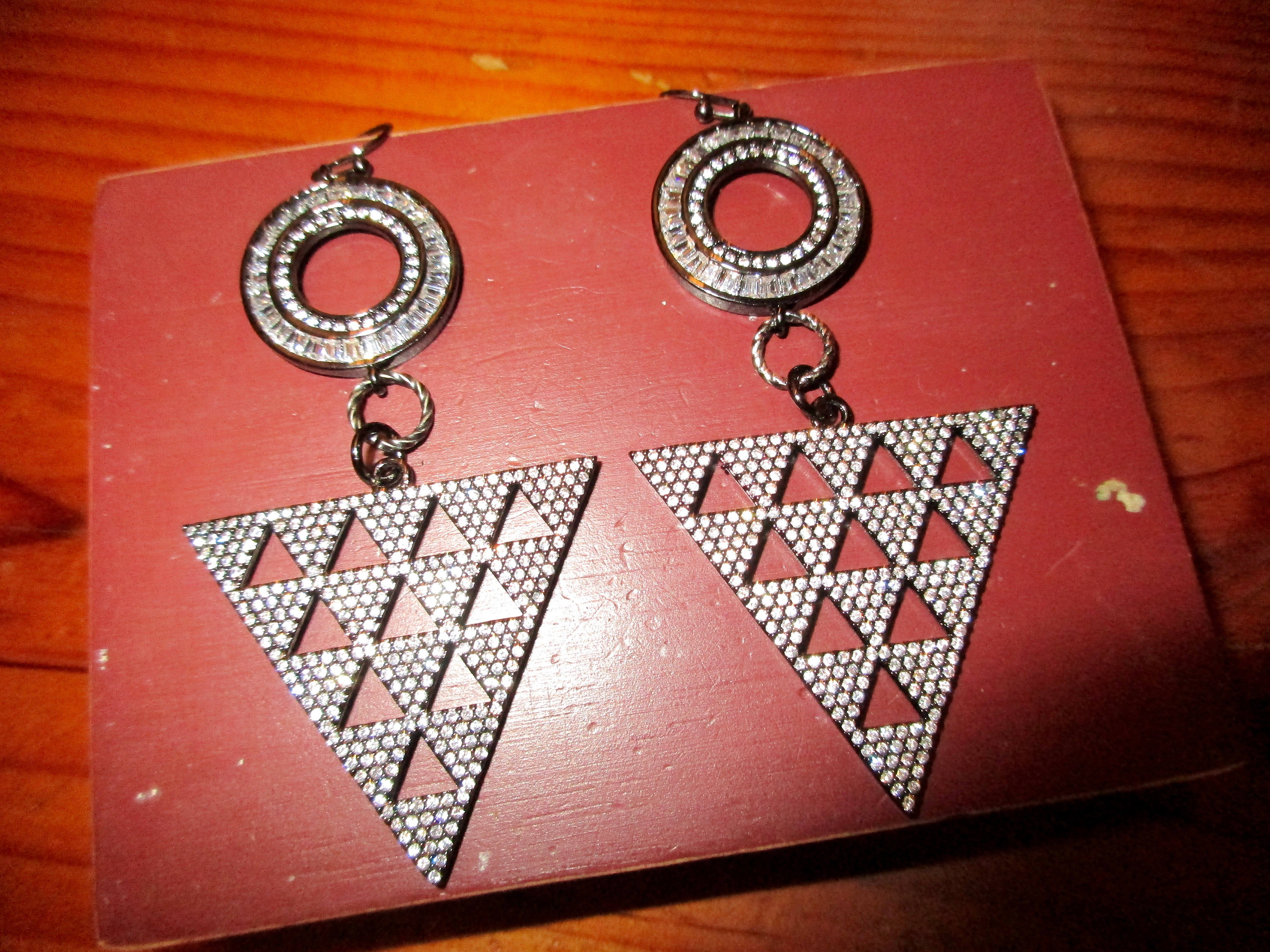 Extravagantly Sublime BLACK and Silver CZ Micro Pave 3" Long Circle & Triangle GEOMETRIC Deco Pierced Earrings w/Clear Crystal Baguettes
