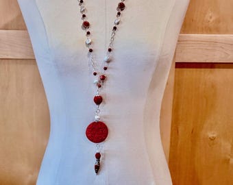 Hand Carved Large RED CINNABAR Pendant Necklace w/Cinnabar, STERLING, Red Coral, Rhinestones, White Coin Beads Chain & Tibetan Pearl Drop