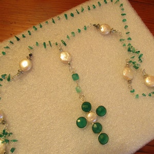 Gorgeous Genuine JADE Chip & Freshwater PEARL Rosary Chain with Sterling Silver and Green ONYX and Pearl Cross Necklace