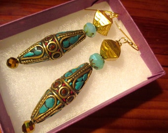 Fantastic Handmade Vintage Tibetan Tribal Bead PIERCED Earrings With Genuine Brass, TURQUOISE and CORAL Insets & Embossed Brass Pieces