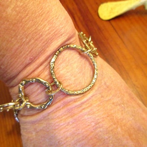 Terrific, Highly Textured, Multiple Embossed Dotted CIRCLES Rustic Artisan Gold/Bronze LINK Bracelet w/Toggle Clasp - OOAK!!!