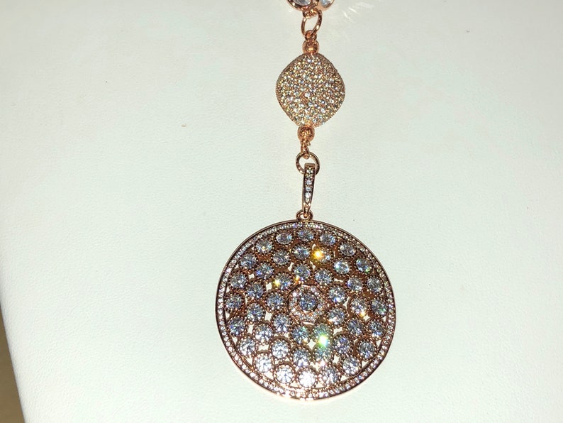 Spectacular ROSE GOLD Micro Pave Domed Pendant /& Large Cz Bead on Long Rose Gold Micro Pave Rosary Chain Sautoir wAB Bezel Set Cz Rounds