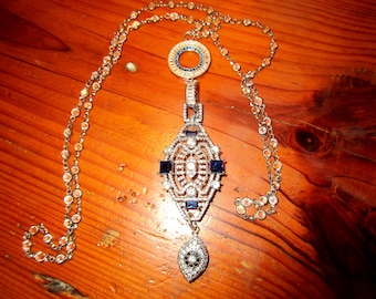 Regal OOAK Fancy Silver Micro PAVE Cz Silver Rhodium & Sapphire TRIPLE Pendants on Silver/Crystal Rosary Chain w/Pave and Baguette Crystals