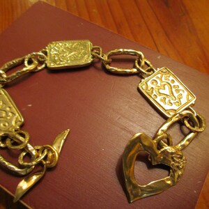 OOAK - &quot;Love Always&quot; -  Artisan Gold/Bronze Etched HEART LINKS & Rustic Rectangular Link Handmade Bracelet w/Embossed Toggle Clasp