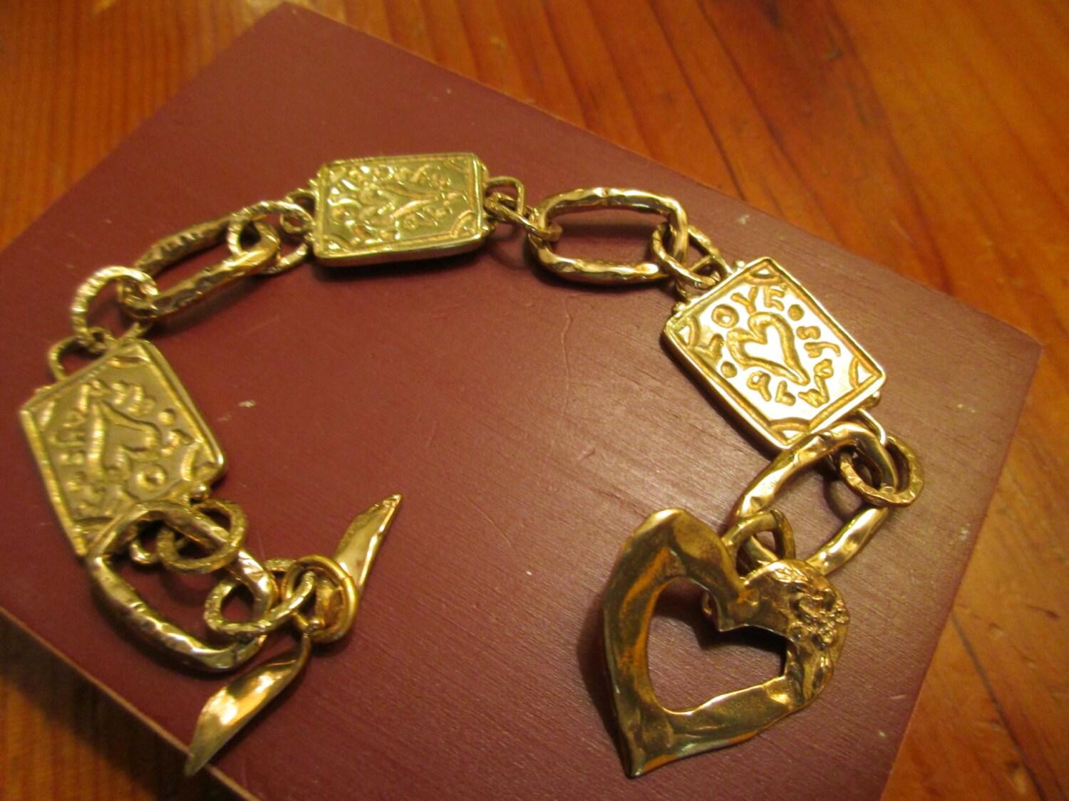 OOAK - "Love Always" -  Artisan Gold/Bronze Etched HEART LINKS & Rustic Rectangular Link Handmade Bracelet w/Embossed Toggle Clasp