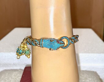 18K Gold Filled & Silver Rhodium TURQUOISE Pave TIGER CLAMPER/Cuff: 3 Swarovski Crystal Drops, Woven Texture, Gorgeous!
