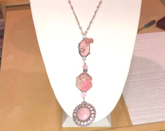 Double RHODOCHROSITE Pendants (1 Hand Soldered) & Matching Dangles, 1930's CZECH Rhinestone/Milk Glass Button on Pink Crystal Rosary Chain