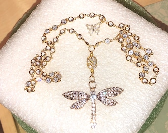 Dazzling Gold Rhodium Chain w/Bezel-Set Faceted Clear Rhinestones, Gold Micro Pave Bead & Gold Pave + Rhinestone BUTTERFLY PENDANT and Charm