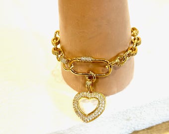 Super 7 3/4" Long HEART Charm Bracelet. 18K Gold-Filled/PAVE Link Chain. Gold + Pave Connector. Gold Micro Pave HEART Pendant w/Pave Bail.