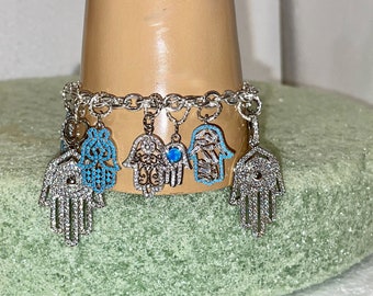 7 3/4" Long STERLING Silver Link HAMSA Charm Bracelet W/13 Silver Rhodium & Pave Hamsa Charms + 2 Stars of DAVID Sterling and Crystal Charms