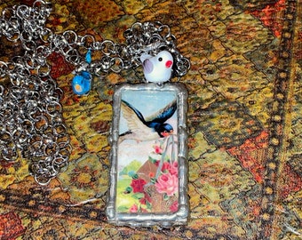 2-Sided, Delightful, Hand-Soldered in Silver Vintage BIRD DRAWINGS Pendant on Silver Chain w/2 Porcelain Bird CHARMS