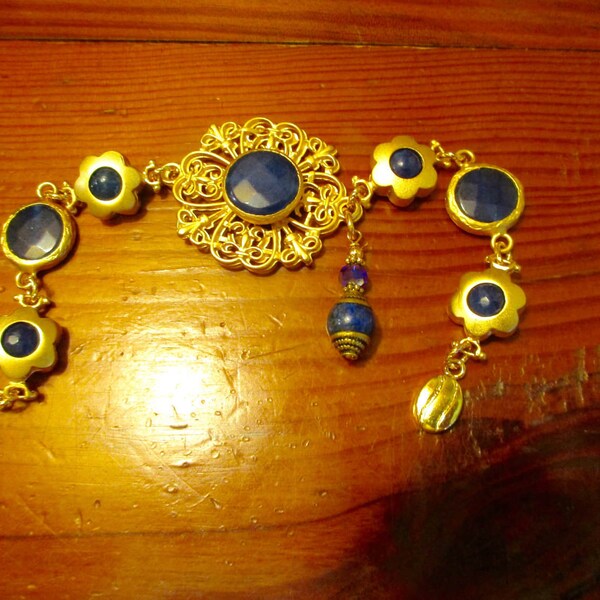 Opulent SAPPHIRE Blue JADE Foci Bezel-Set in 22K Gold FILIGREE w/2 Blue Jade/4 Gold Flower Jade Links, Magnetic Clasp & Genuine Lapis Charm