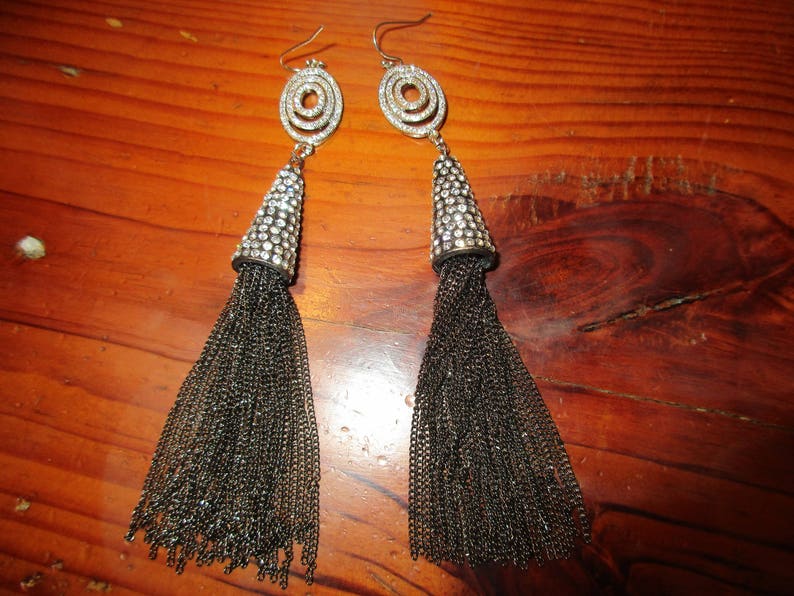 Opulent 4 34 Long Hematite TASSEL Pierced Earrings Circle of Life 3-Ring Domed SILVER Micro Pave FociSILVER Pave Encrusted Tassel Cap