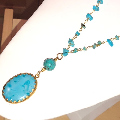 Excellent Superbly Marbled TURQUOISE shops PENDANT Set in Gold w/Large Turquoise Round on Long TURQUOISE Chip/14K Gold Rosary Chain Sautoir
