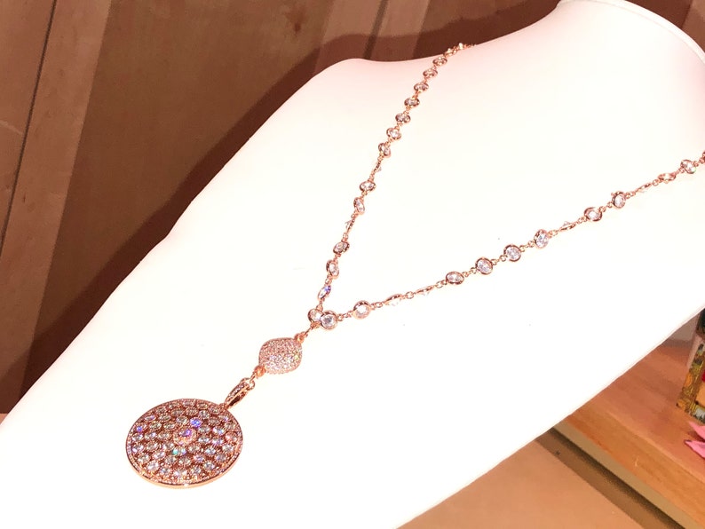 Spectacular ROSE GOLD Micro Pave Domed Pendant /& Large Cz Bead on Long Rose Gold Micro Pave Rosary Chain Sautoir wAB Bezel Set Cz Rounds
