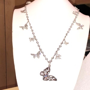 Silver RHODIUM Micro Pave BUTTERFLY Necklace w/Butterfly Pendant, 13 Pave Butterfly Charms on Clear AB Bezel Silver Rhodium Rosary Chain