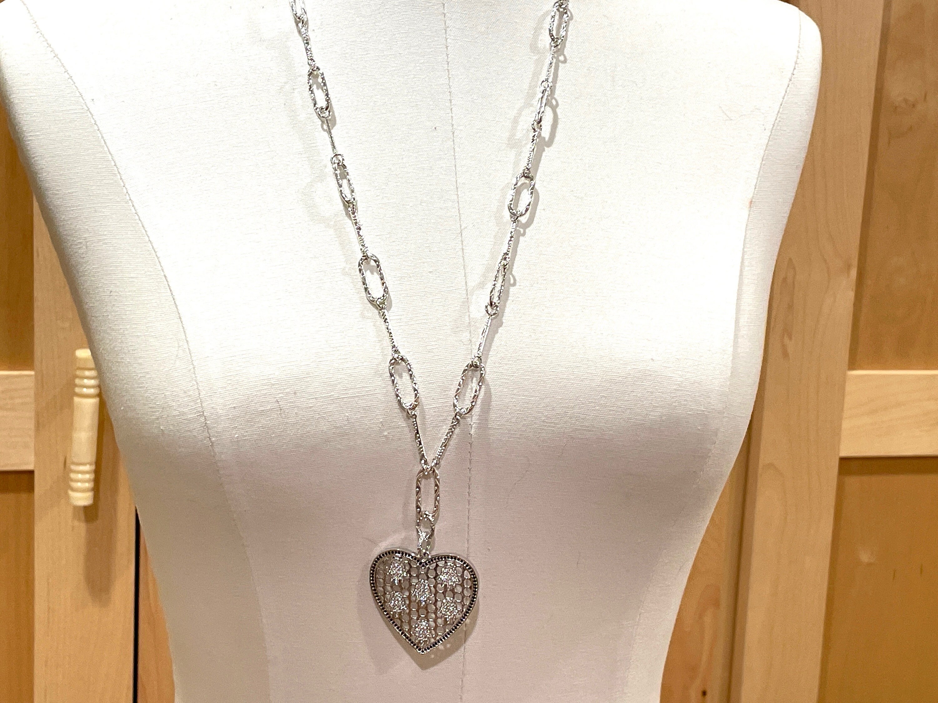 Ornate Large Silver Rhodium HEART Pendant W/6 PAVE HAMSAS on the